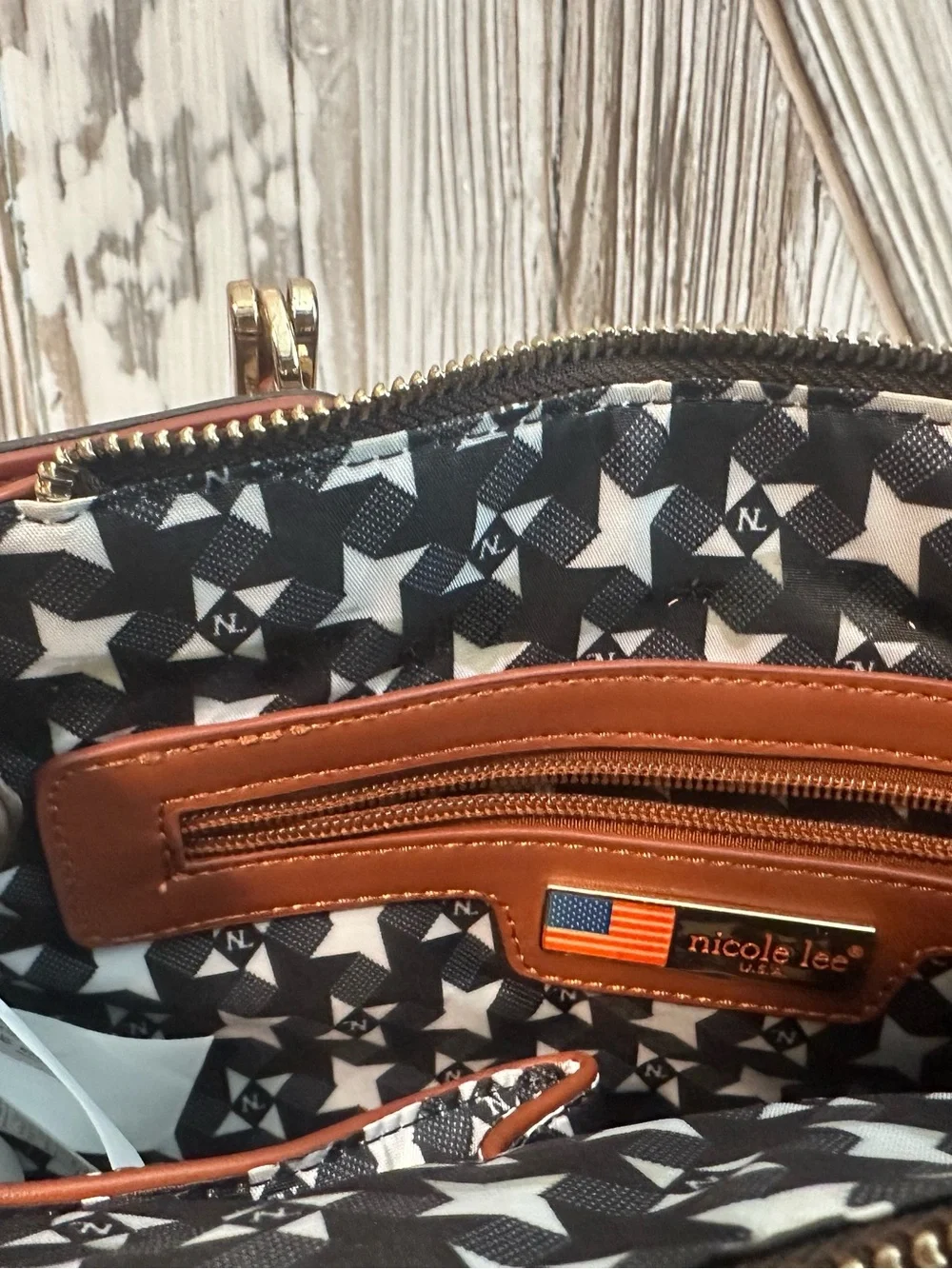 Nicole Lee USA Brown Satchel Handbag Purse Retro Convertible Print NWT Tags